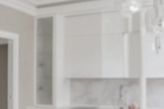 countertop with blurred home kitchen background, kitchen tabletop with copy space over blurred kitchen in background