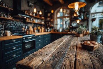 countertop with blurred home kitchen background, kitchen tabletop with copy space over blurred kitchen in background