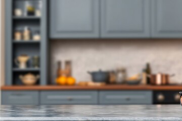 countertop with blurred home kitchen background, kitchen tabletop with copy space over blurred kitchen in background