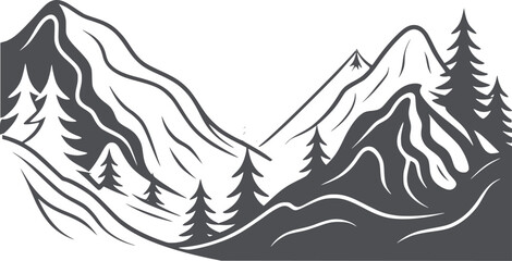 Minimalist black and line of mountain range with pine trees
