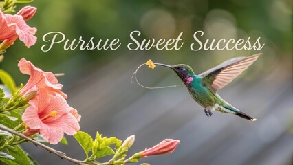 A small green hummingbird with pink markings hovers near a blooming flower, seeking nectar