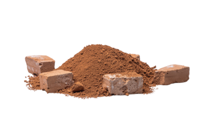 A pile of brown powder is next to several small tan cubes that are unevenly stacked on a plain background object on white and png
