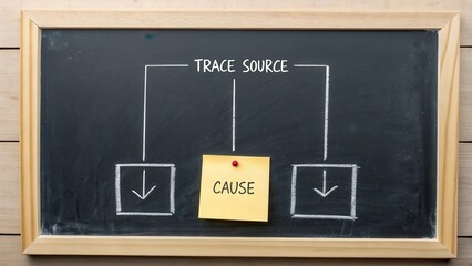 Chalkboard Diagram Illustrating Trace Source and Cause Analysis with Downward Arrows Leading to Boxes