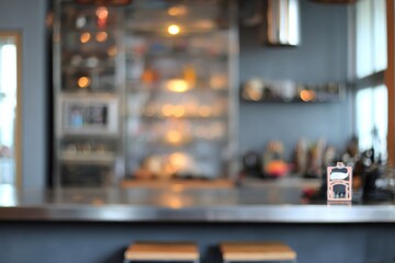 countertop with blurred home kitchen background, kitchen tabletop with copy space over blurred kitchen in background