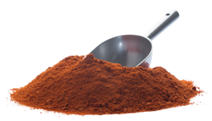 A mound of reddish brown powder with a small metal scoop in the center on a white background is visible product shot isolated