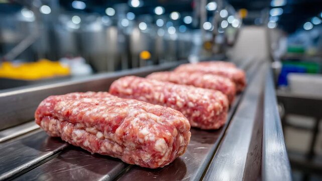 Vivid close-up of glistening pink meat cylinders aligned on a conveyor belt, showing moisture, texture, and sheen, with a blurred background of stainless tanks and controlled facto