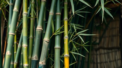 Fototapeta premium Green bamboo stalks stand tall in a serene natural environment, creating a peaceful Zen atmosphere