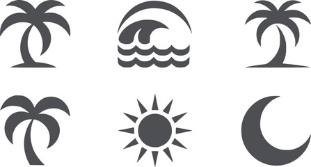 Six black tropical and nature including palm trees waves sun and moon