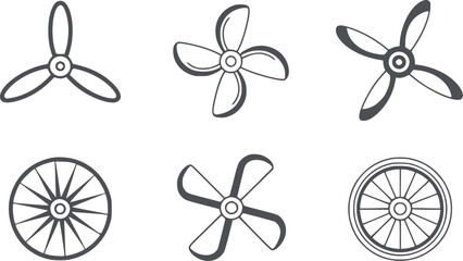 Six different propeller and fan blade in black and line blades editable flat