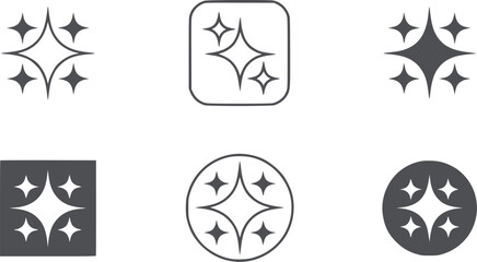 Six geometric starburst in square circle and rounded square frames monochrome editable