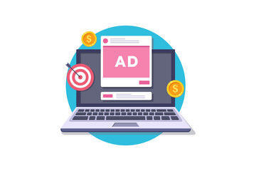 Vector illustration of a Laptop with Advertisement on Screen, Target, Coins and Documents for Digital Marketing Campaign.