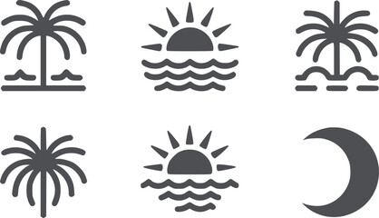 Six tropical beach and sunset in black monochrome style symbol