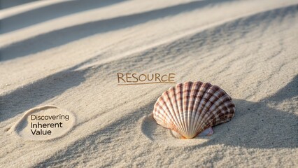 A solitary, perfectly formed seashell resting on a textured, sun-drenched sandy beach