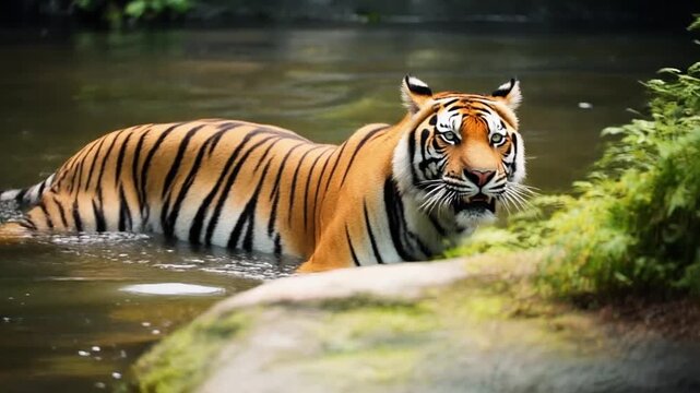 A tiger with orange and black stripes is partially submerged in water near green foliage looking directly at the viewer