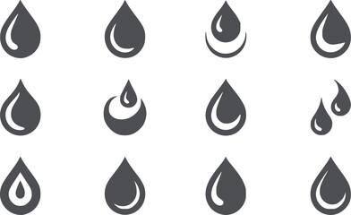 Twelve black water droplet in various shapes and styles editable symbol liquid