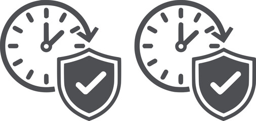 Two clocks with circular arrows pointing to shields with checkmarks in monochrome