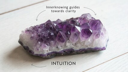 A stunning, smooth deep violet amethyst crystal cluster with radiating facets, showcasing inner knowing and intuition.