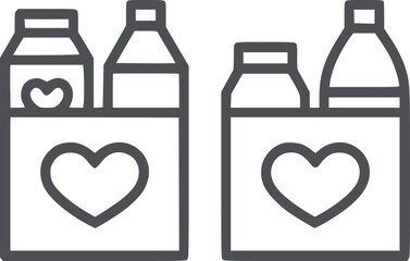 Two minimalist outline shopping bags with milk bottles and juice carton