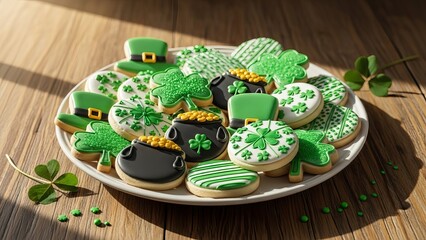 St. patrick's day themed cookies on a wooden table