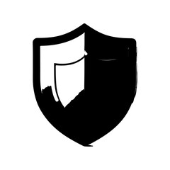 Stylized black and white shield icon with a distressed texture representing protection and security with a raw, hand-drawn aesthetic isolated on a clean white background for design projects