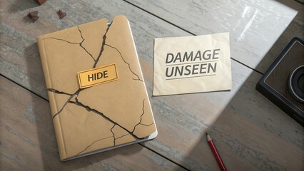 Cracked Notebook Cover Marked Hide Beside Note About Damage Unseen on Wooden Surface