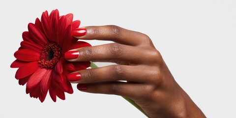 African female hand with red manicure holding gerbera flower against white background