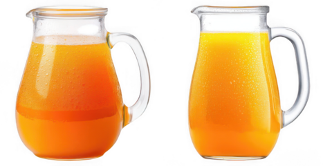 Two glass pitchers filled with orange juice