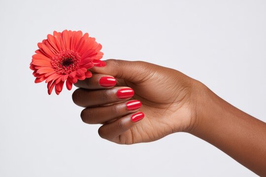 African female hand holding vibrant gerbera daisy with red manicure - Powered by Adobe