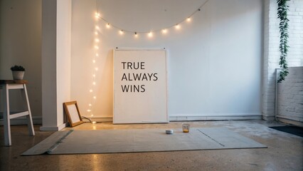 Inspirational Quote Board 'True Always Wins' Displayed in a Clean Studio Space with String Lights