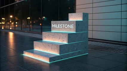 Illuminated Concrete Staircase Displaying the Word Milestone in a Modern Urban Setting