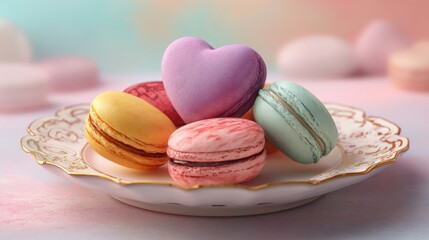 8k, realistic, full ultra HD, high resolution, cinematic photography A beautiful heart-shaped arrangement of colorful macarons on a delicate plate, with soft pastel colors surrounding it