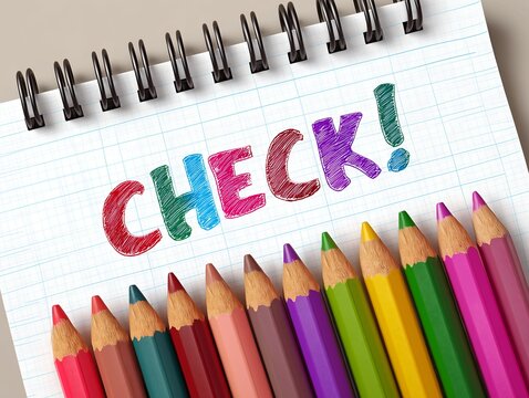CHECKの文字を色鉛筆で表現したノート上の確認完了を伝えるチェックイメージ