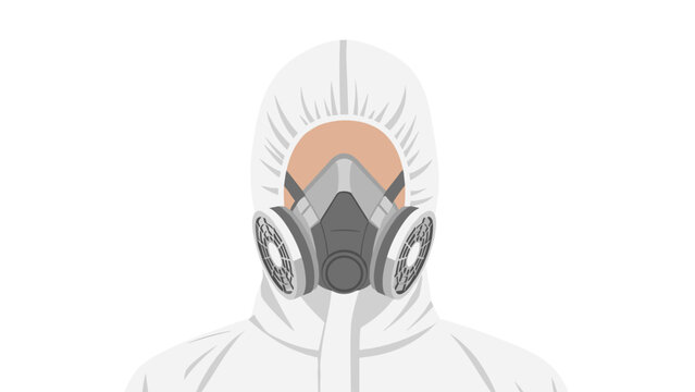 Person in a white protective hazmat suit and a grey respirator mask, symbolizing safety, chemical protection, or biohazard prevention.