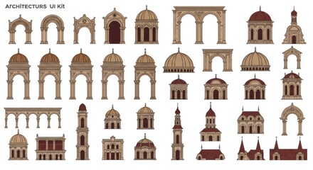 Collection of architectural elements, arches, domes, and small buildings in a beige and brown color palette