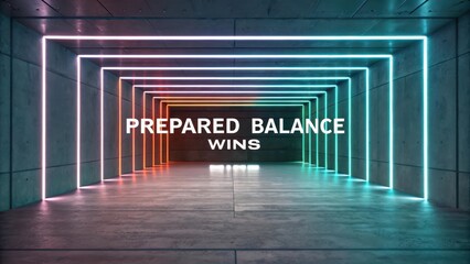 Abstract tunnel illuminated by glowing neon lights with motivational text 'Prepared Balance Wins' signifying achievement and strategic victory.