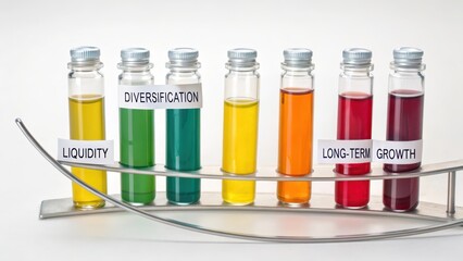 Structured alignment of seven small hollow glass vials filled with colorful liquids and scientific labels