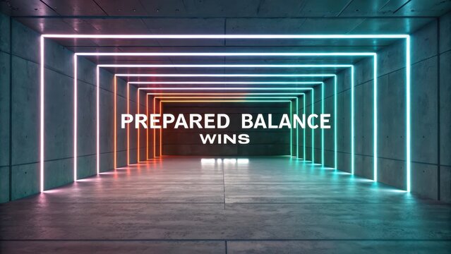 Abstract tunnel illuminated by glowing neon lights with motivational text 'Prepared Balance Wins' signifying achievement and strategic victory. - Powered by Adobe
