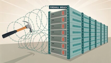 Digital firewall breach visualized as a hammer breaks barbed wire protecting servers
