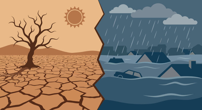 Climate change disaster concept showing contrast between dry drought with cracked earth and dead tree versus heavy rain flood submerging houses in deep water for global warming crisis.