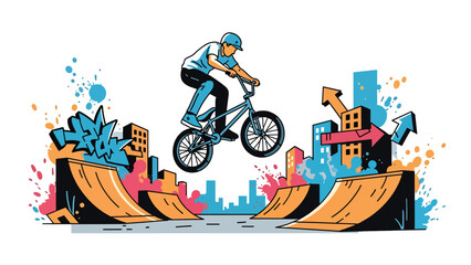 Obraz premium BMX rider aerial trick urban mural vector illustration with bold flat colors and graffiti city background, dynamic youth sports artwork ideal for advertising and branding