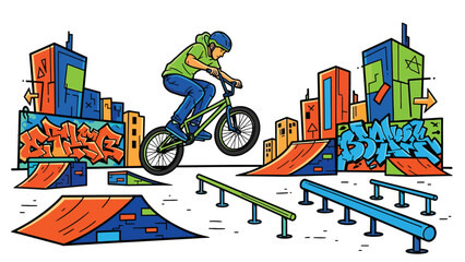 Obraz premium BMX rider aerial trick urban mural vector illustration with bold flat colors and graffiti city background, dynamic youth sports artwork ideal for advertising and branding