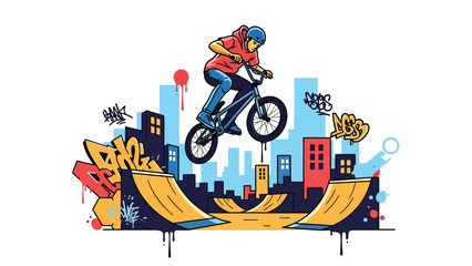 Obraz premium BMX rider aerial trick urban mural vector illustration with bold flat colors and graffiti city background, dynamic youth sports artwork ideal for advertising and branding