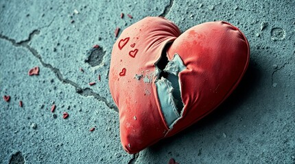 Failed Valentine scene showing refusal through a torn heart plush object on concrete