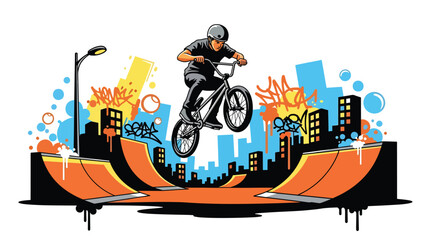 Obraz premium BMX rider aerial trick urban mural vector illustration with bold flat colors and graffiti city background, dynamic youth sports artwork ideal for advertising and branding