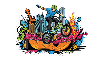 Obraz premium BMX rider aerial trick urban mural vector illustration with bold flat colors and graffiti city background, dynamic youth sports artwork ideal for advertising and branding
