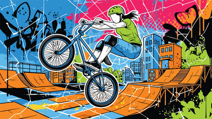 Obraz premium BMX rider aerial trick urban mural vector illustration with bold flat colors and graffiti city background, dynamic youth sports artwork ideal for advertising and branding