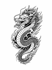 A detailed illustration of a majestic, serpentine dragon, rendered in black and white.