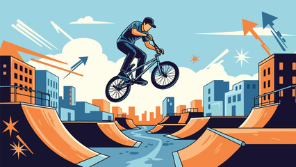 Obraz premium BMX rider aerial trick urban mural vector illustration with bold flat colors and graffiti city background, dynamic youth sports artwork ideal for advertising and branding