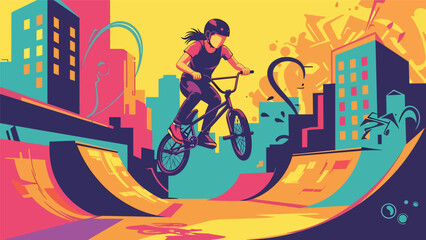 Obraz premium BMX rider aerial trick urban mural vector illustration with bold flat colors and graffiti city background, dynamic youth sports artwork ideal for advertising and branding