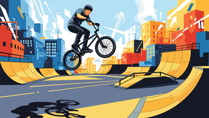 Obraz premium BMX rider aerial trick urban mural vector illustration with bold flat colors and graffiti city background, dynamic youth sports artwork ideal for advertising and branding